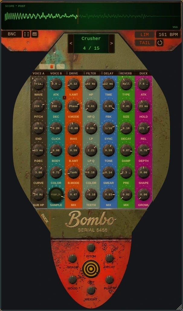 Bombo kick designer UI in its default finish, a weathered, photoreal ordnance chassis with a green phosphor oscilloscope and a vertical rack of detonation stages: a synth sub voice and a sample slot, drive, a tempo-synced delay, a multi-algorithm reverb, a resonant filter, and a sidechain ducker.