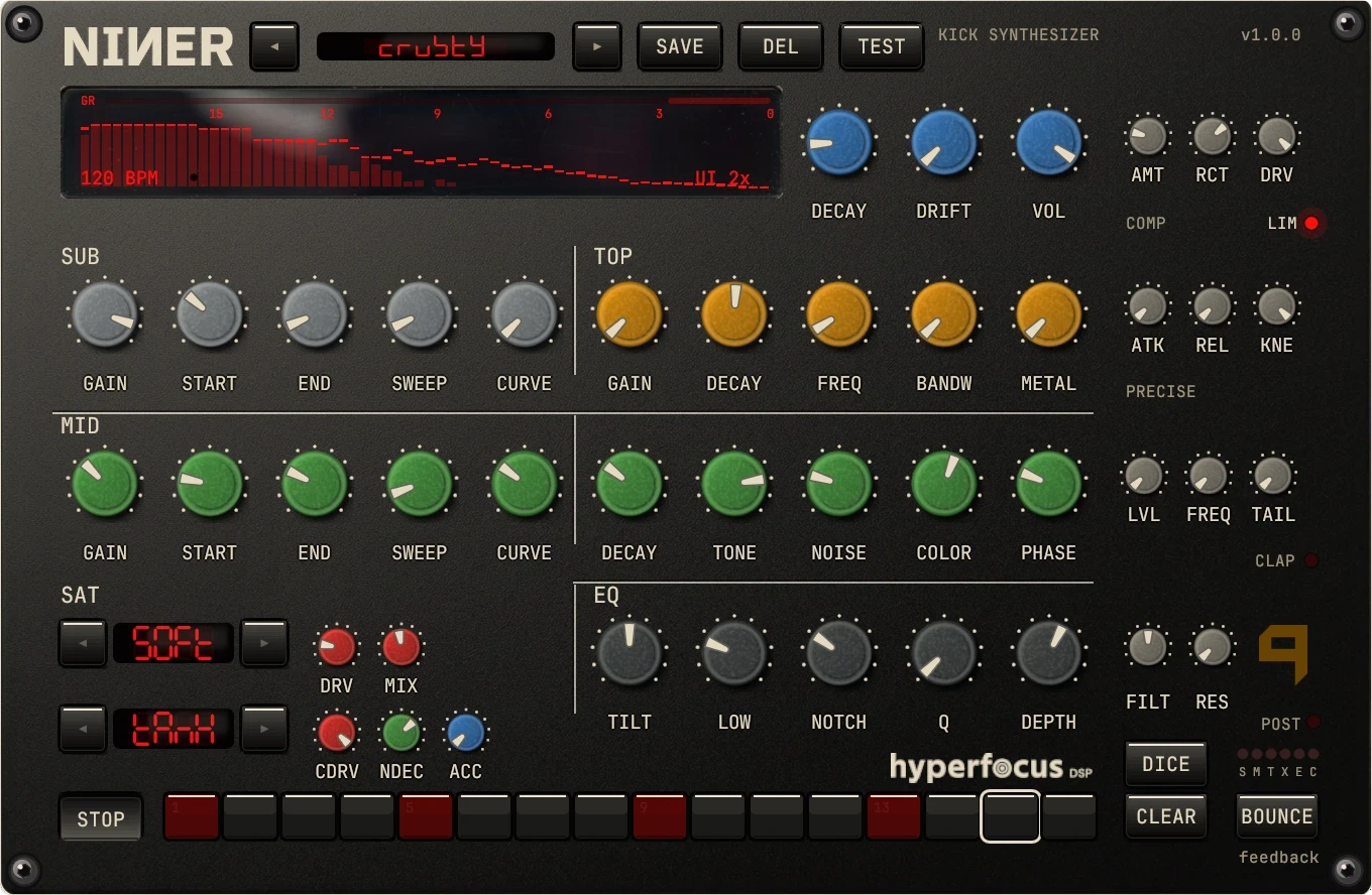 Niner kick drum synthesizer UI — preset browser, three-layer kick engine (SUB, MID, TOP), 16-step sequencer, master bus, and 909-style CLAP voice.