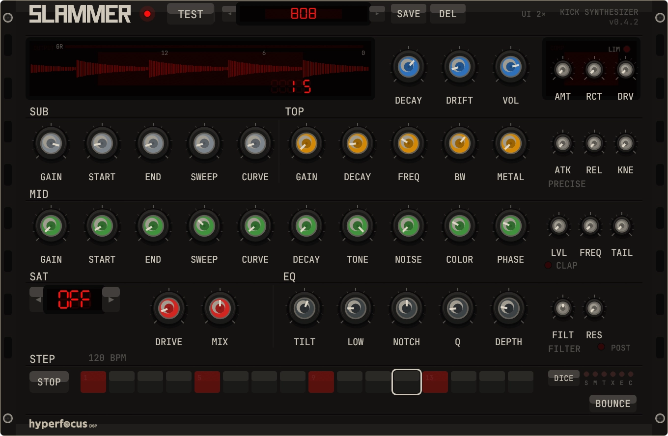 Slammer kick drum synthesizer UI — preset browser, three-layer kick engine (SUB, MID, TOP), 16-step sequencer, master bus, and 909-style CLAP voice.